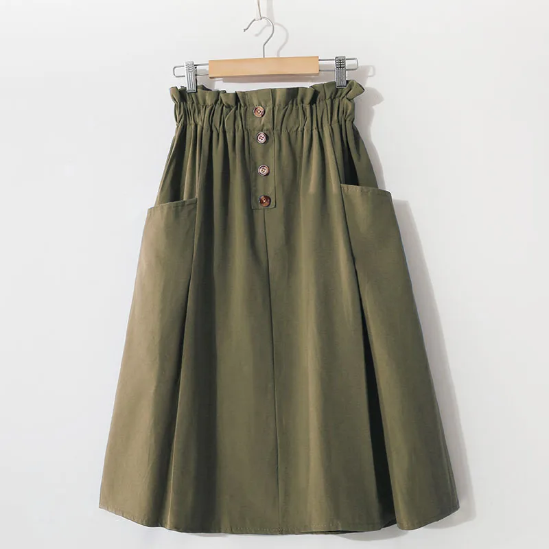 Women Summer Skirt Spring Korean Style Casual Solid High Waist  A-Line Midi Skirts With Pocket Girls Elegant Faldas