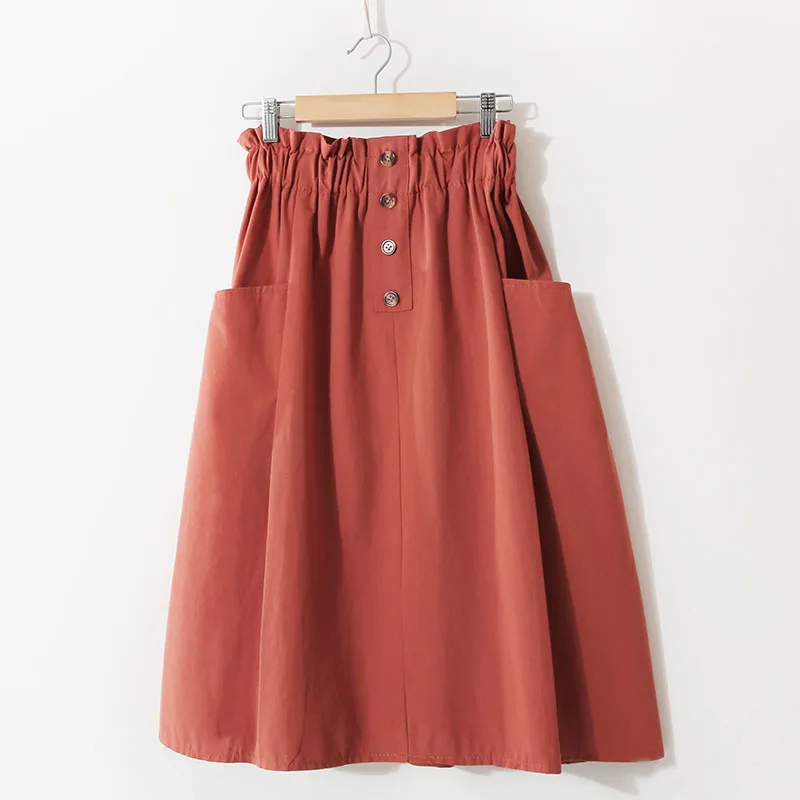 Women Summer Skirt Spring Korean Style Casual Solid High Waist  A-Line Midi Skirts With Pocket Girls Elegant Faldas
