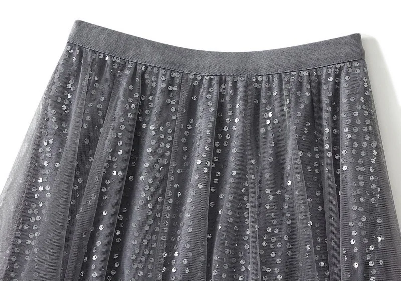 MiuKoMiYa Women Mesh Sequin Skirts Long High Waist Black Midi Tulle Skirt With Sequins For Ladies Women's Cake Skirt Ruffle