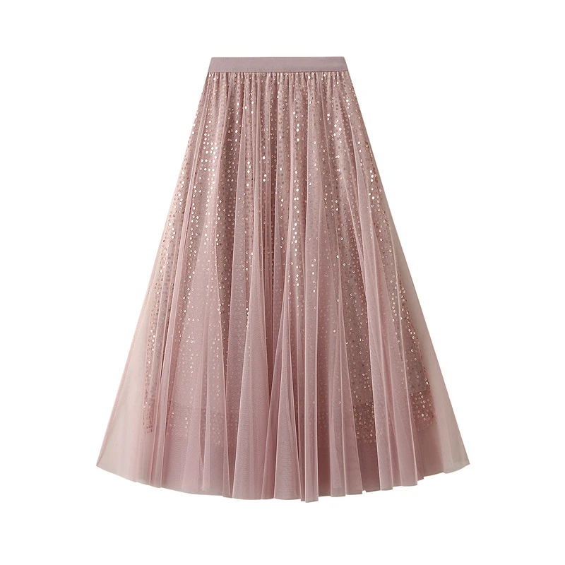 MiuKoMiYa Women Mesh Sequin Skirts Long High Waist Black Midi Tulle Skirt With Sequins For Ladies Women's Cake Skirt Ruffle