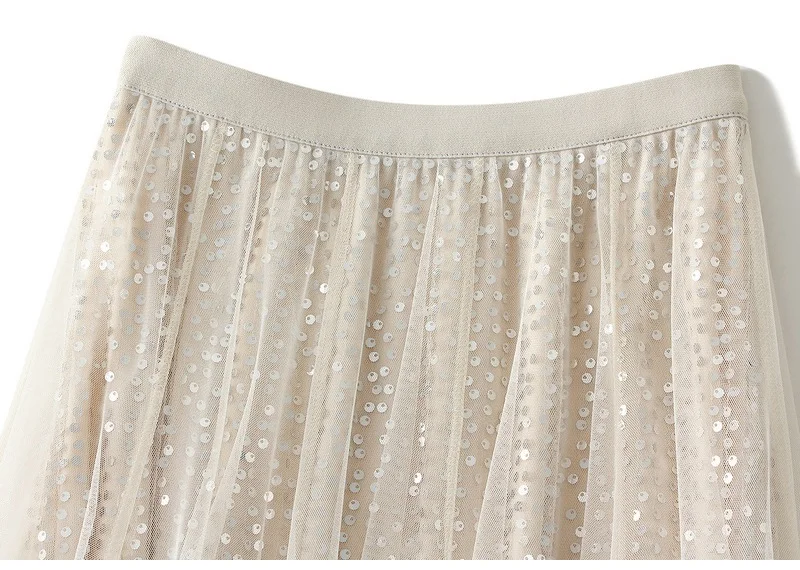MiuKoMiYa Women Mesh Sequin Skirts Long High Waist Black Midi Tulle Skirt With Sequins For Ladies Women's Cake Skirt Ruffle