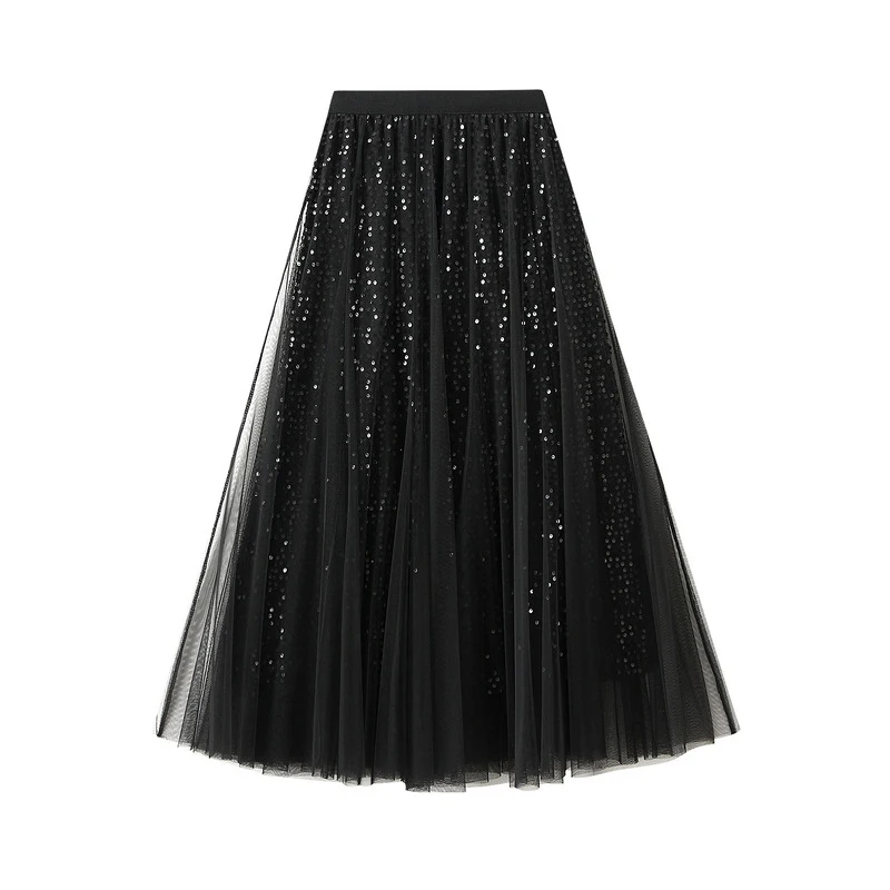 MiuKoMiYa Women Mesh Sequin Skirts Long High Waist Black Midi Tulle Skirt With Sequins For Ladies Women's Cake Skirt Ruffle