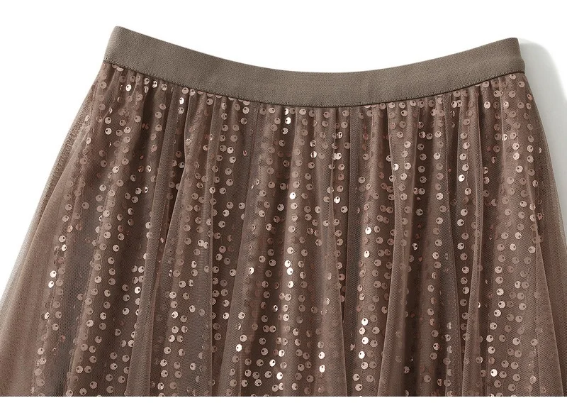 MiuKoMiYa Women Mesh Sequin Skirts Long High Waist Black Midi Tulle Skirt With Sequins For Ladies Women's Cake Skirt Ruffle