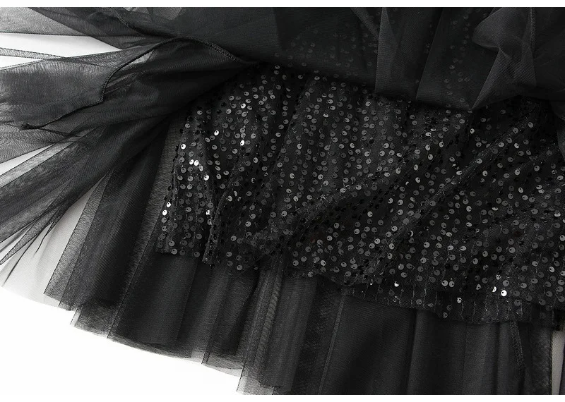 MiuKoMiYa Women Mesh Sequin Skirts Long High Waist Black Midi Tulle Skirt With Sequins For Ladies Women's Cake Skirt Ruffle