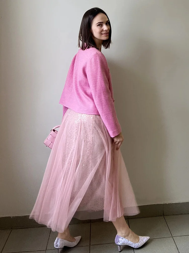 MiuKoMiYa Women Mesh Sequin Skirts Long High Waist Black Midi Tulle Skirt With Sequins For Ladies Women's Cake Skirt Ruffle
