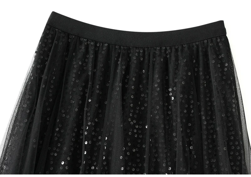 MiuKoMiYa Women Mesh Sequin Skirts Long High Waist Black Midi Tulle Skirt With Sequins For Ladies Women's Cake Skirt Ruffle