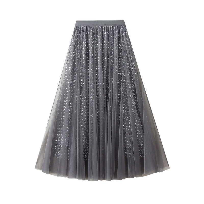 MiuKoMiYa Women Mesh Sequin Skirts Long High Waist Black Midi Tulle Skirt With Sequins For Ladies Women's Cake Skirt Ruffle