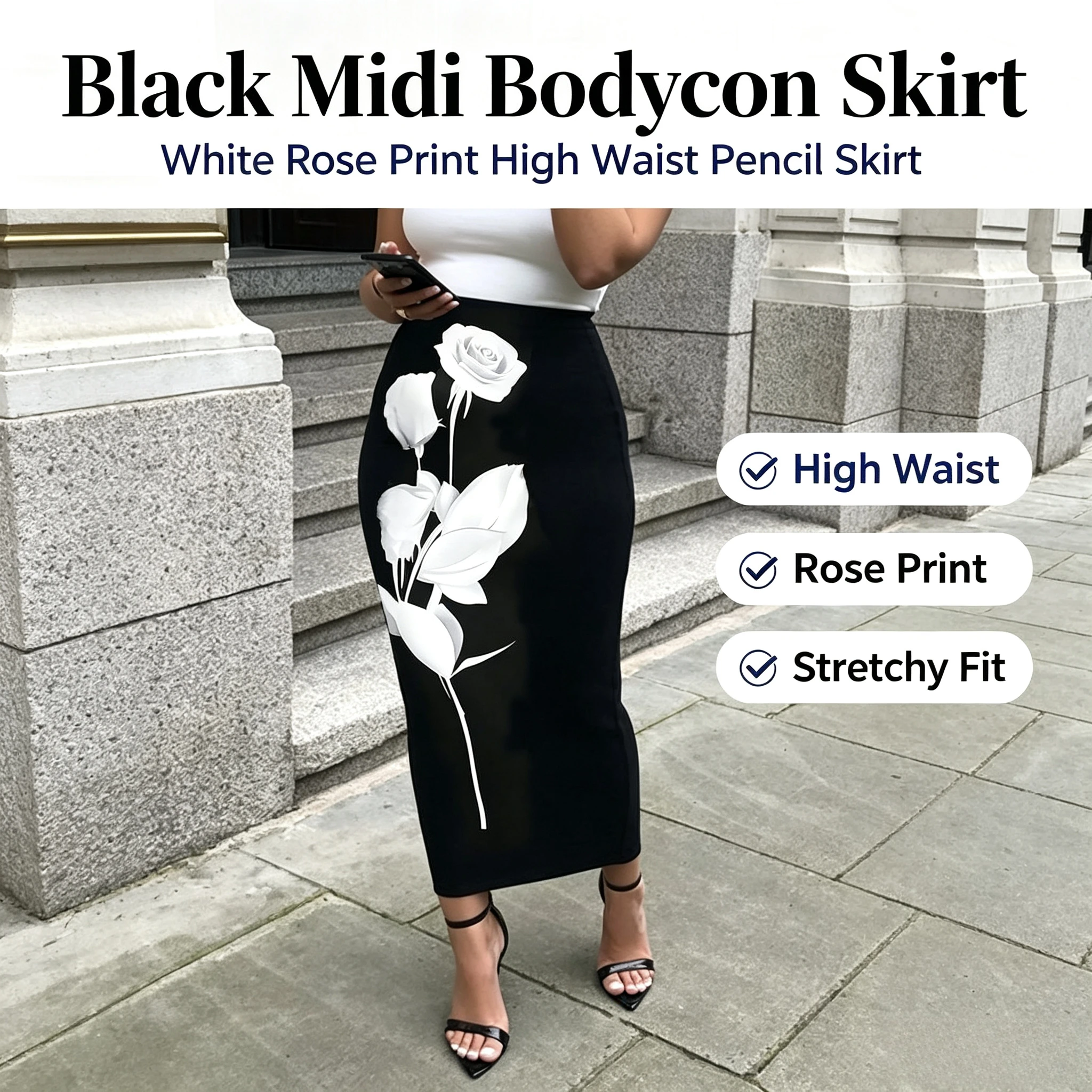 Missuoo Women Black Midi Pencil Skirt White Rose Print High Waist Bodycon Formal Party Midi Skirt 2026 Summer Elegant Bottoms