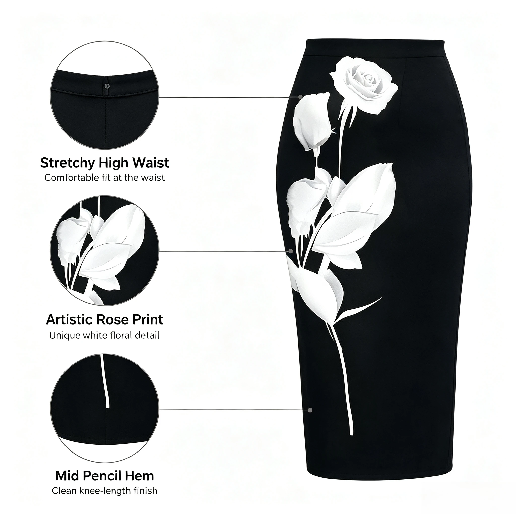 Missuoo Women Black Midi Pencil Skirt White Rose Print High Waist Bodycon Formal Party Midi Skirt 2026 Summer Elegant Bottoms