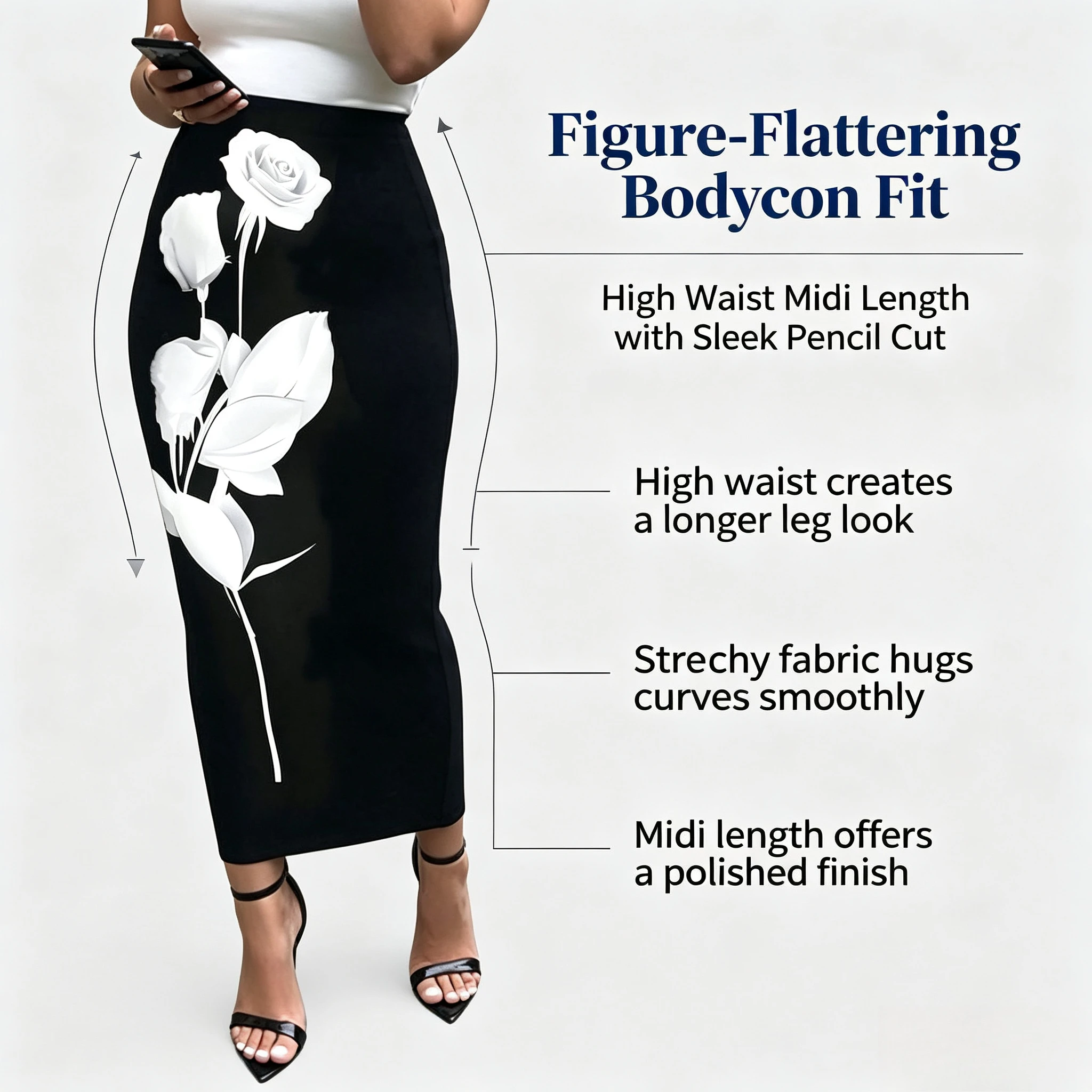 Missuoo Women Black Midi Pencil Skirt White Rose Print High Waist Bodycon Formal Party Midi Skirt 2026 Summer Elegant Bottoms