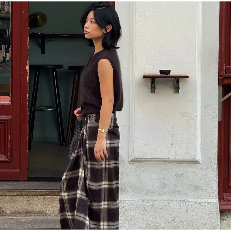 Women Checked Midi Skirt Fashion Casual Pleated Irregular High Waist Slim Mid-length Bottom Lady Daily New Commute Street Skirts