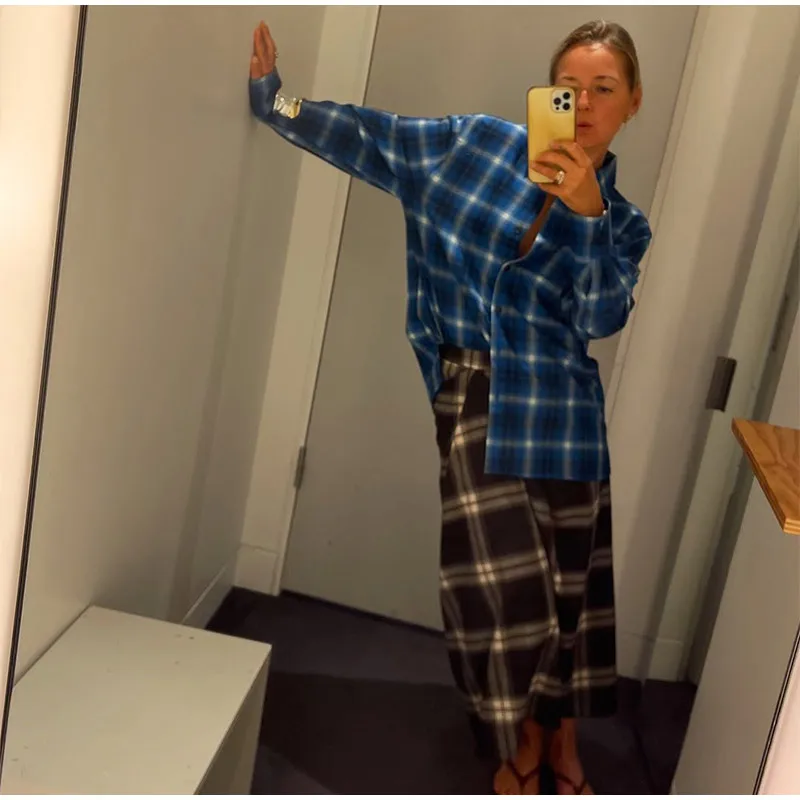 Women Checked Midi Skirt Fashion Casual Pleated Irregular High Waist Slim Mid-length Bottom Lady Daily New Commute Street Skirts