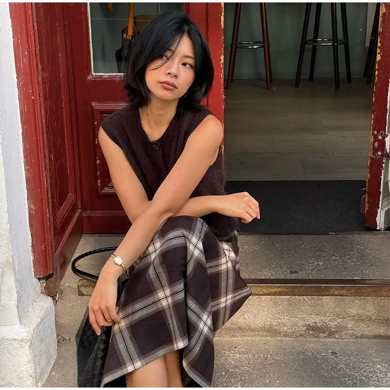 Women Checked Midi Skirt Fashion Casual Pleated Irregular High Waist Slim Mid-length Bottom Lady Daily New Commute Street Skirts