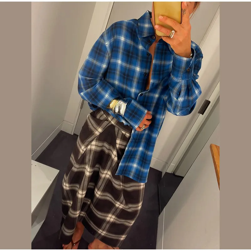 Women Checked Midi Skirt Fashion Casual Pleated Irregular High Waist Slim Mid-length Bottom Lady Daily New Commute Street Skirts