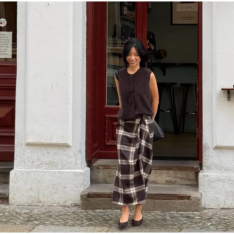 Women Checked Midi Skirt Fashion Casual Pleated Irregular High Waist Slim Mid-length Bottom Lady Daily New Commute Street Skirts