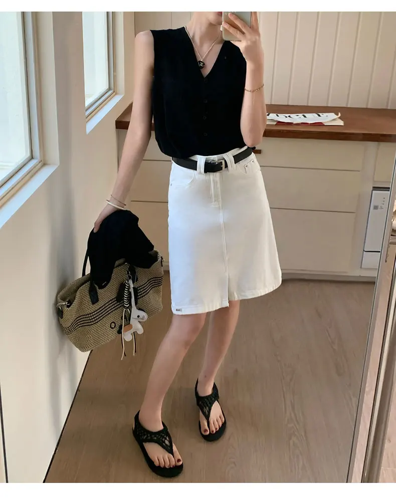 Women's Off White With Belt Denim Mini Skirts Summer 2026 Fashion High Waisted Casual Split A-line Jeans Skirt Female