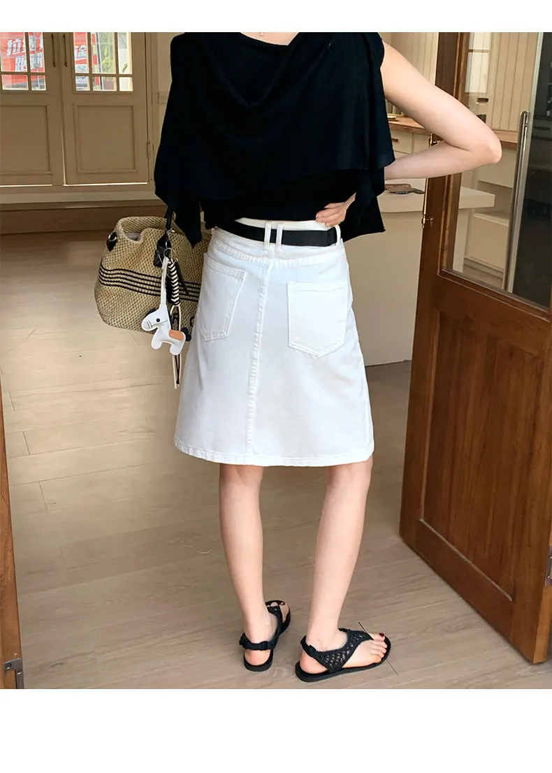 Women's Off White With Belt Denim Mini Skirts Summer 2026 Fashion High Waisted Casual Split A-line Jeans Skirt Female