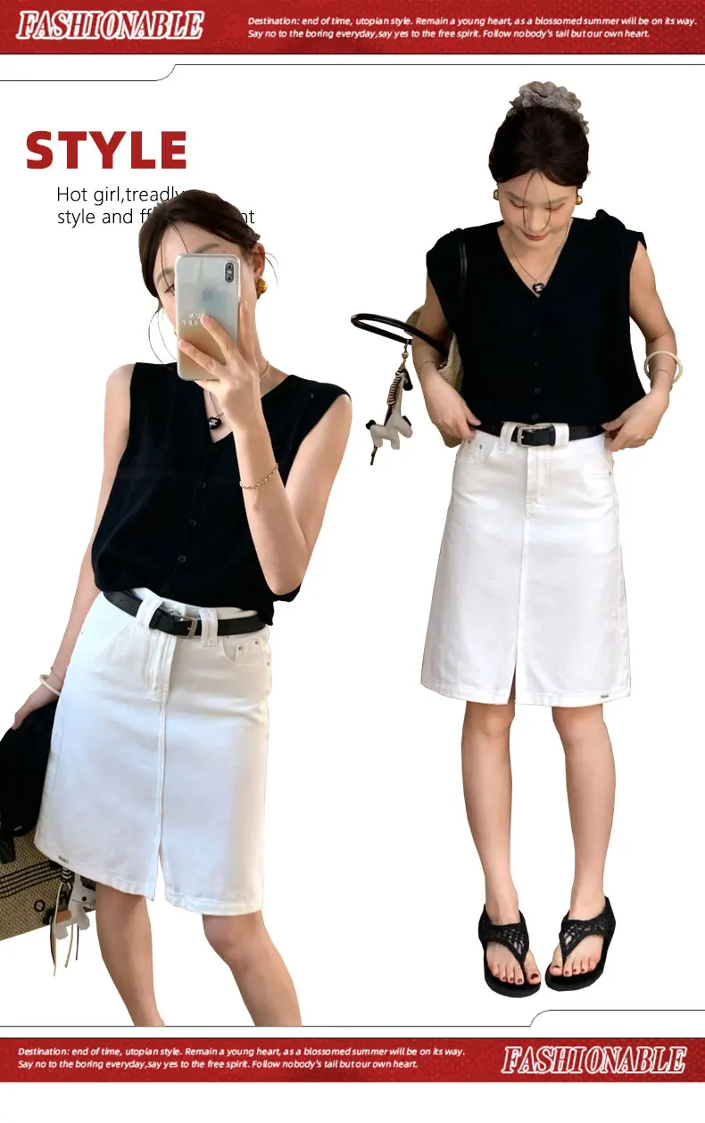 Women's Off White With Belt Denim Mini Skirts Summer 2026 Fashion High Waisted Casual Split A-line Jeans Skirt Female