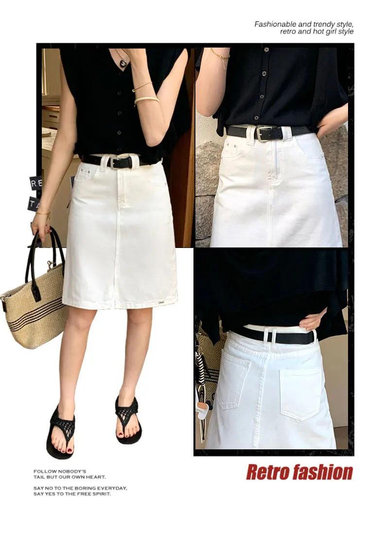 Women's Off White With Belt Denim Mini Skirts Summer 2026 Fashion High Waisted Casual Split A-line Jeans Skirt Female