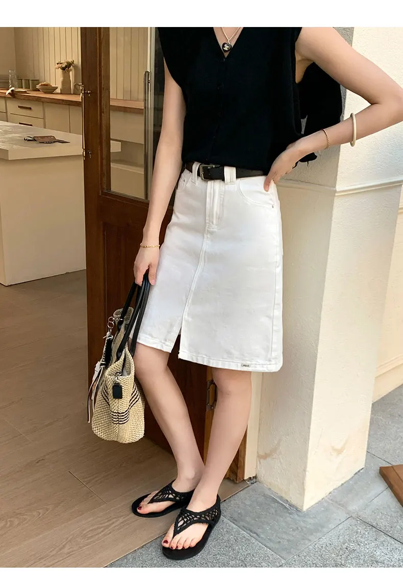 Women's Off White With Belt Denim Mini Skirts Summer 2026 Fashion High Waisted Casual Split A-line Jeans Skirt Female