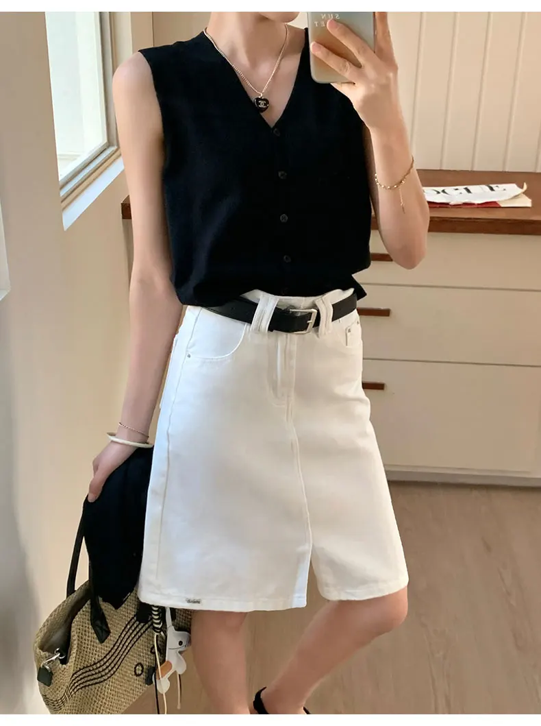 Women's Off White With Belt Denim Mini Skirts Summer 2026 Fashion High Waisted Casual Split A-line Jeans Skirt Female