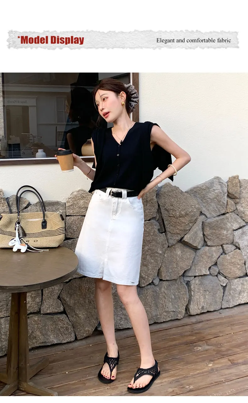Women's Off White With Belt Denim Mini Skirts Summer 2026 Fashion High Waisted Casual Split A-line Jeans Skirt Female