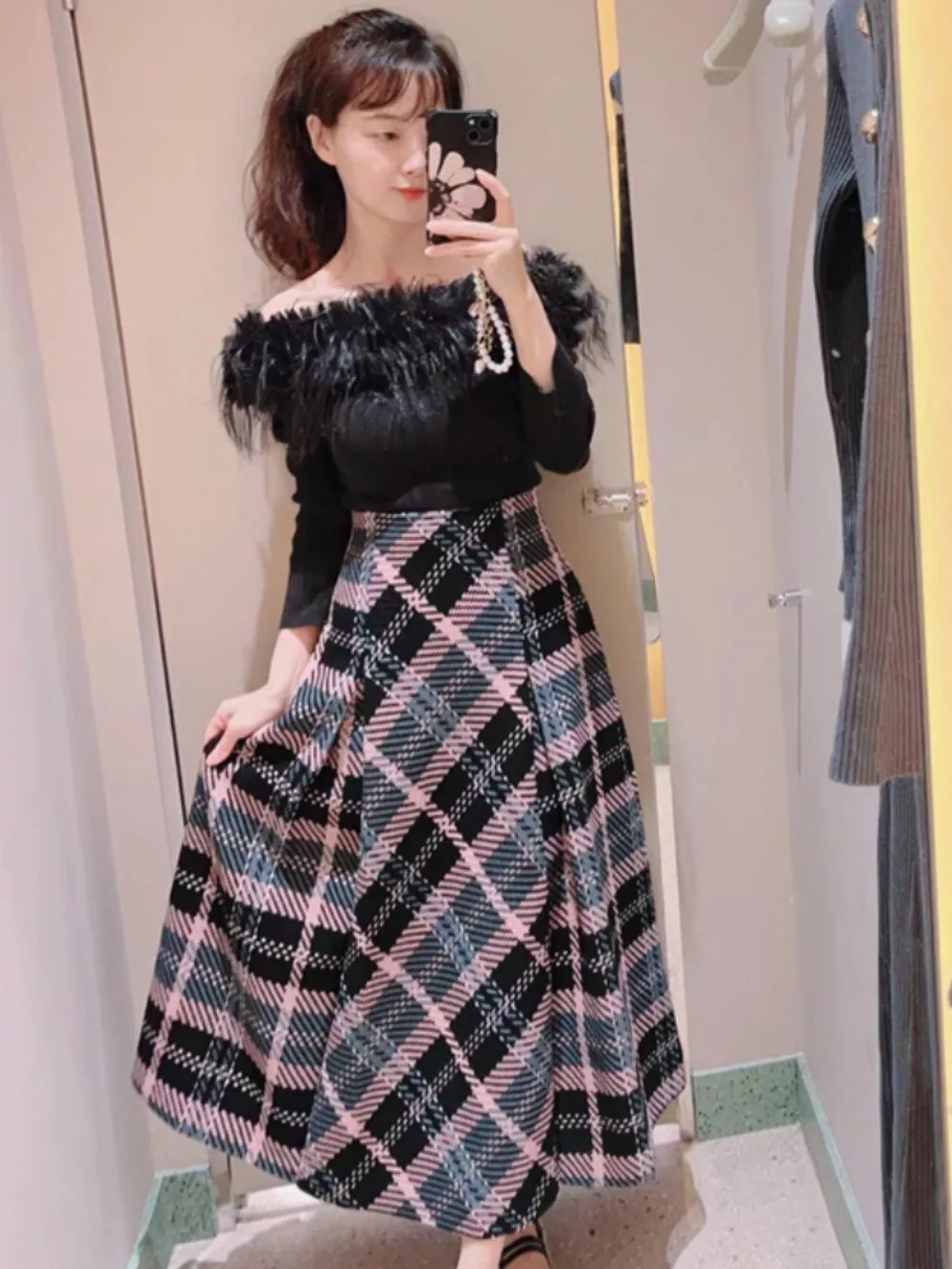 Kuzuwata New Vintage A-line Ruched Plaid Skirt High Waist All-match Wool Tweed Falda Japan Slim Minority Office Lady Mujer Falda