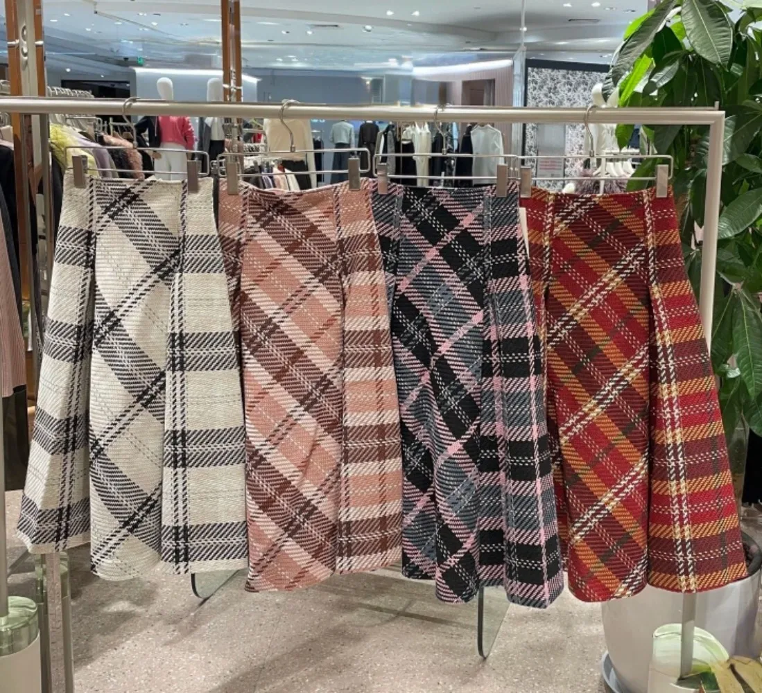 Kuzuwata New Vintage A-line Ruched Plaid Skirt High Waist All-match Wool Tweed Falda Japan Slim Minority Office Lady Mujer Falda