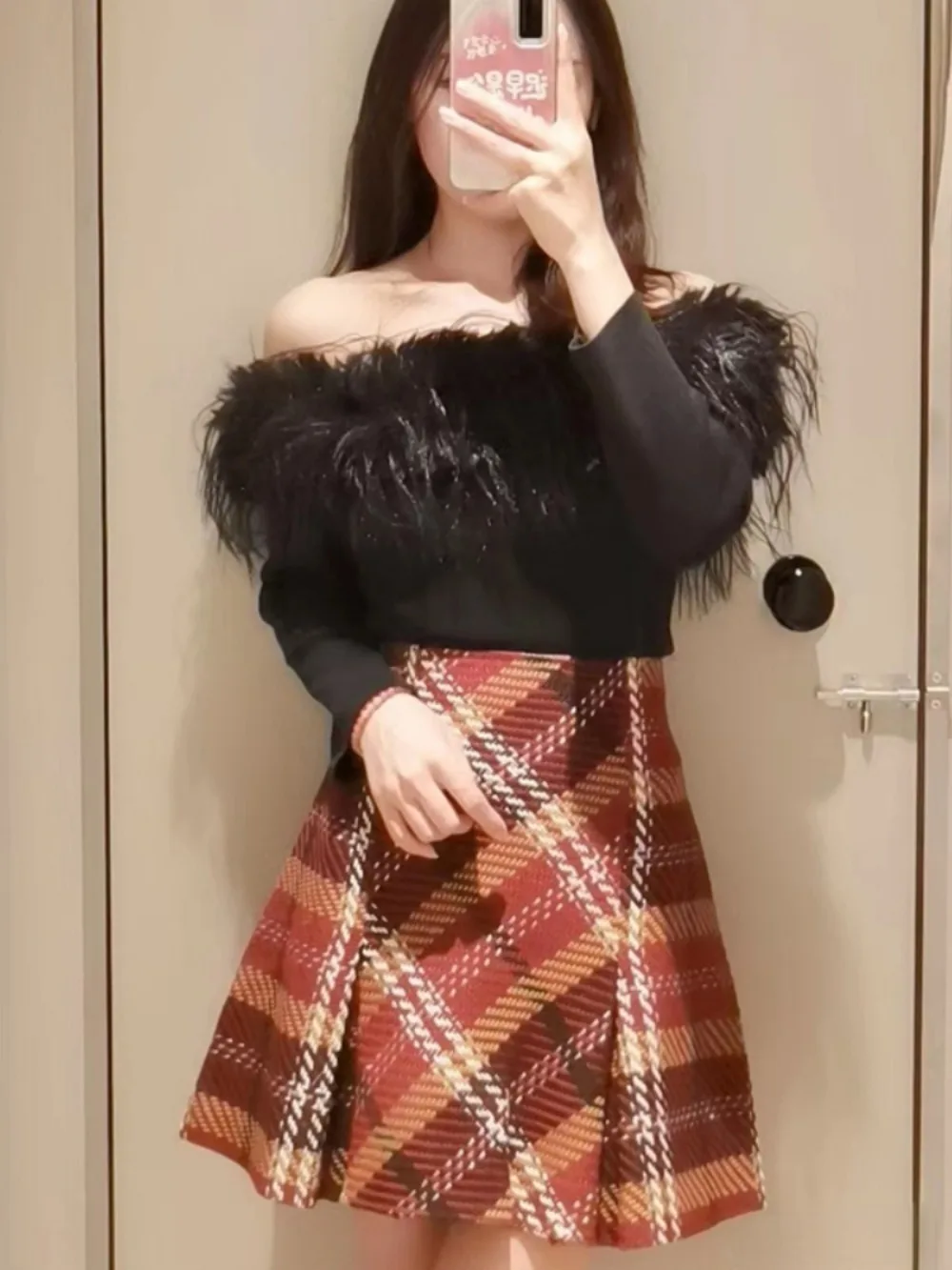 Kuzuwata New Vintage A-line Ruched Plaid Skirt High Waist All-match Wool Tweed Falda Japan Slim Minority Office Lady Mujer Falda