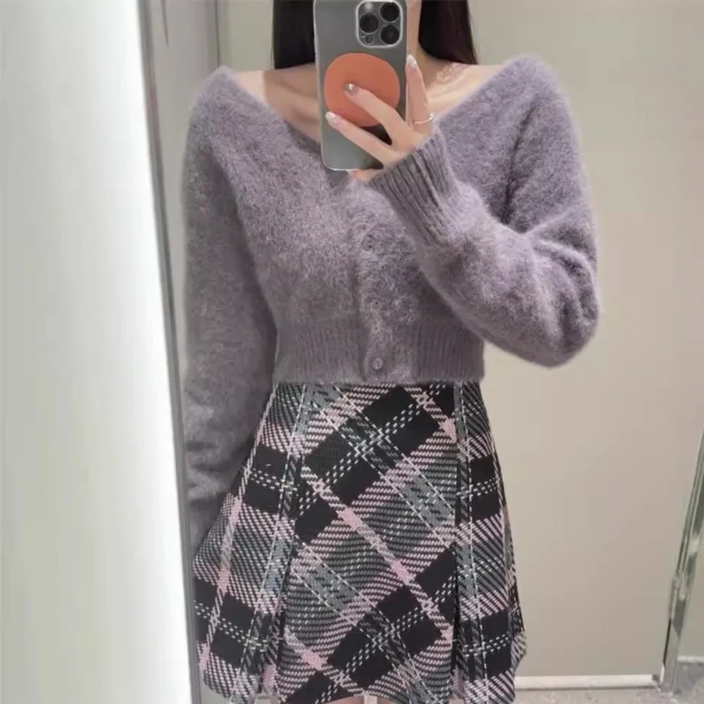 Kuzuwata New Vintage A-line Ruched Plaid Skirt High Waist All-match Wool Tweed Falda Japan Slim Minority Office Lady Mujer Falda