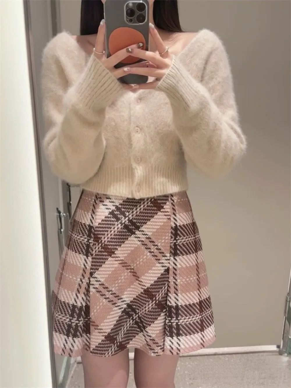 Kuzuwata New Vintage A-line Ruched Plaid Skirt High Waist All-match Wool Tweed Falda Japan Slim Minority Office Lady Mujer Falda