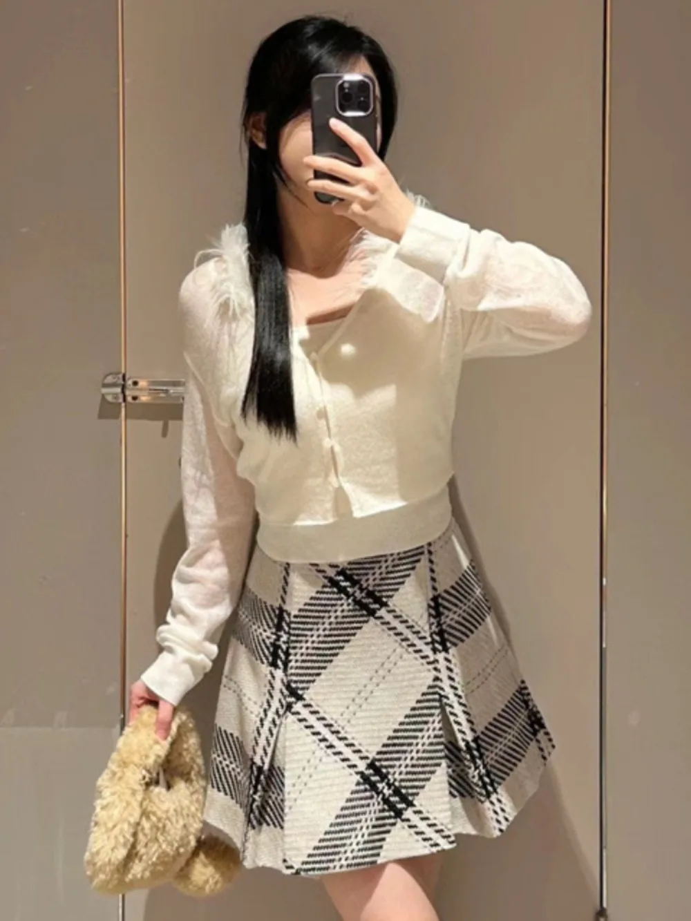 Kuzuwata New Vintage A-line Ruched Plaid Skirt High Waist All-match Wool Tweed Falda Japan Slim Minority Office Lady Mujer Falda