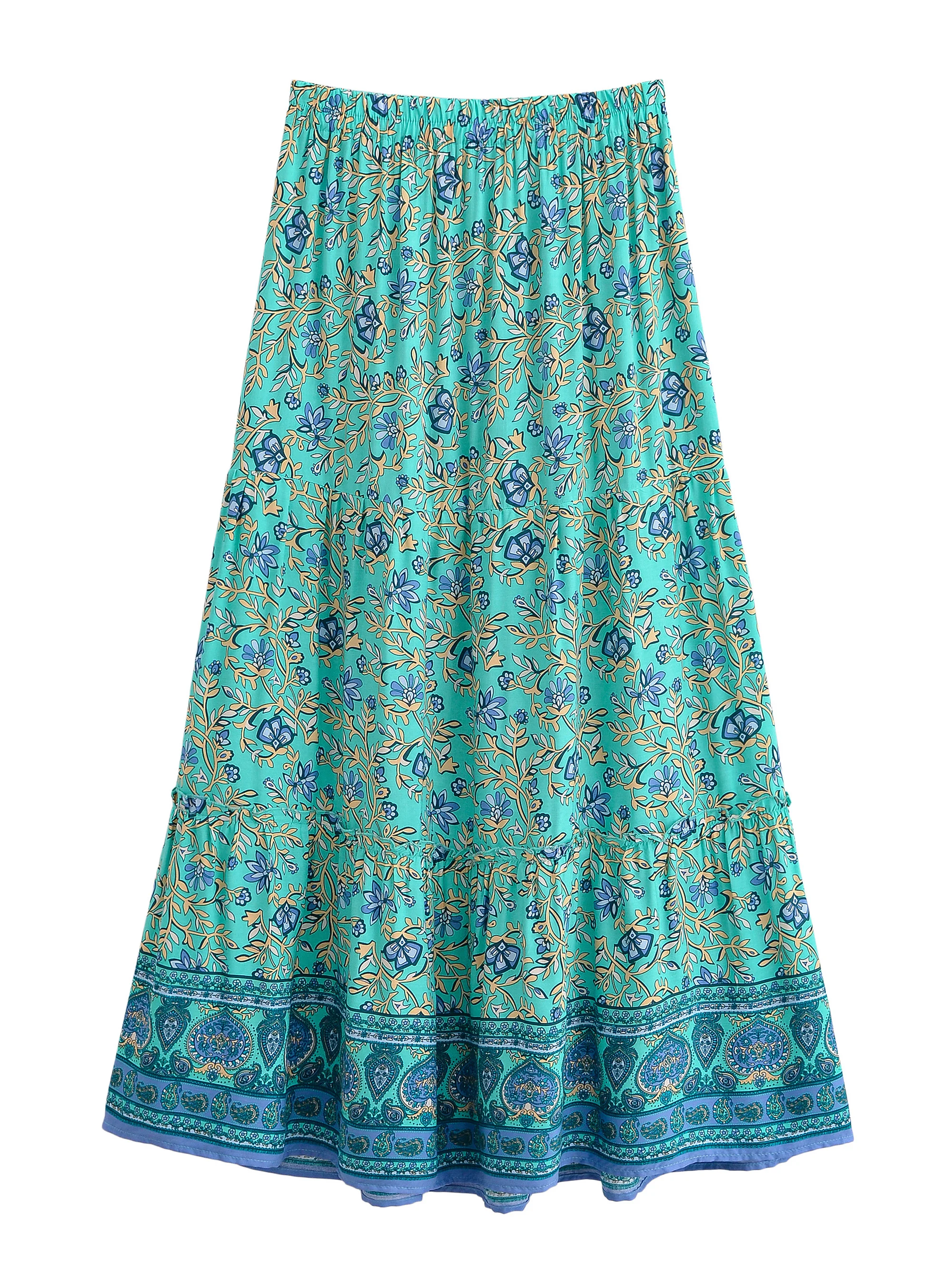 Vintage Chic Women Summer Tassel Elastic Waist Boho Skirt with Pockets Floral Printed Ruffles Beach Bohemian Pleated Maxi Skirts