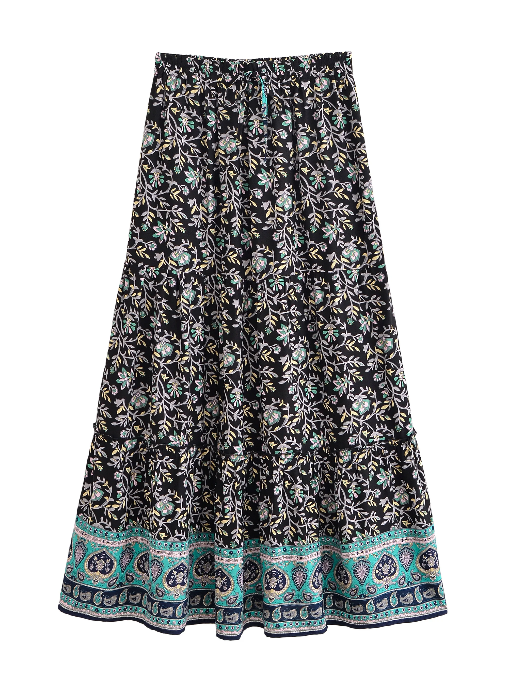 Vintage Chic Women Summer Tassel Elastic Waist Boho Skirt with Pockets Floral Printed Ruffles Beach Bohemian Pleated Maxi Skirts