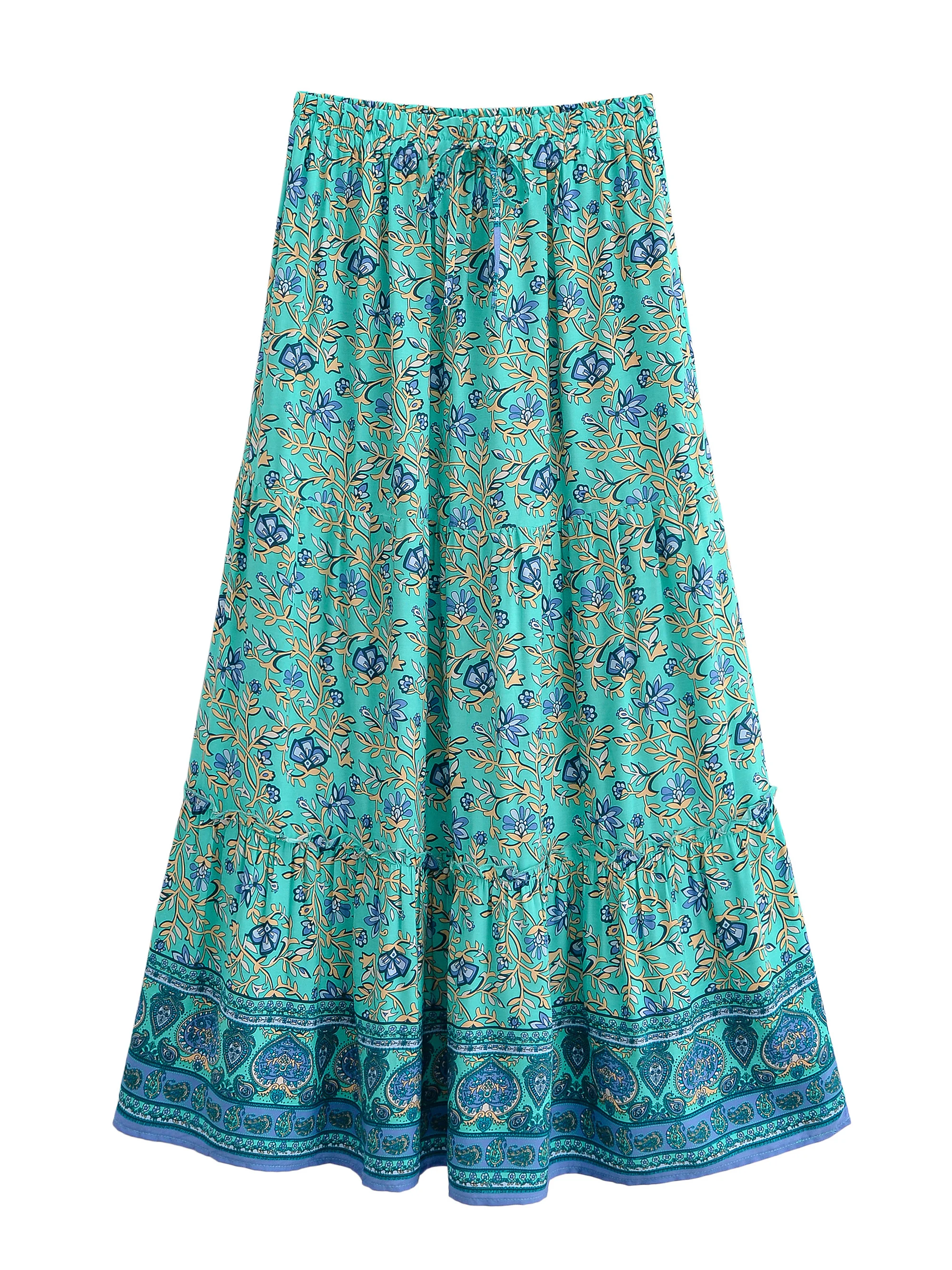 Vintage Chic Women Summer Tassel Elastic Waist Boho Skirt with Pockets Floral Printed Ruffles Beach Bohemian Pleated Maxi Skirts