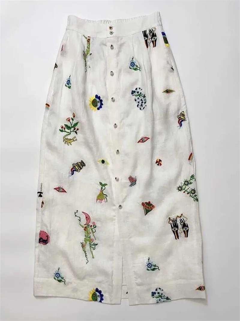 Summer Beige Soft Linen A-line Skirt Women High Waist Fun Print Front Button Split Wrapped Hip Long Skirt Brand