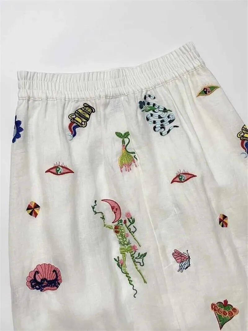 Summer Beige Soft Linen A-line Skirt Women High Waist Fun Print Front Button Split Wrapped Hip Long Skirt Brand