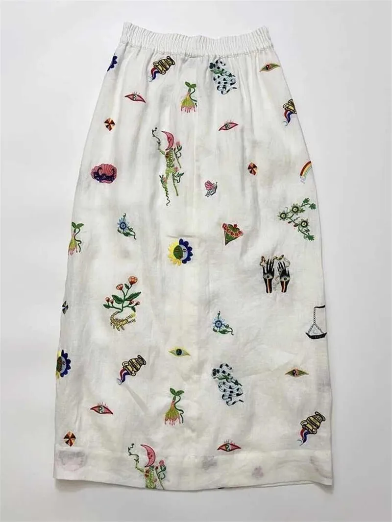 Summer Beige Soft Linen A-line Skirt Women High Waist Fun Print Front Button Split Wrapped Hip Long Skirt Brand
