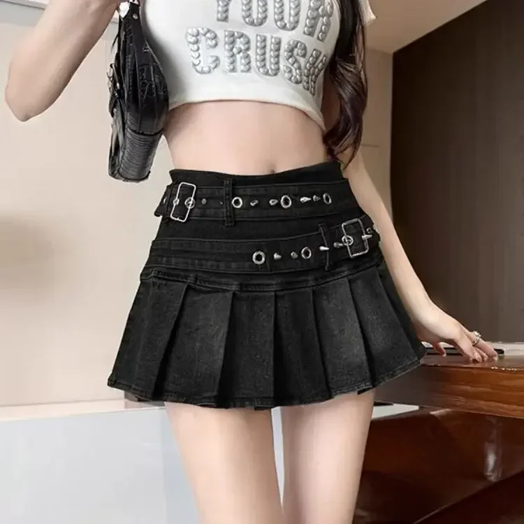 Y2k Vintage Streetwear Sexy Denim Skirts Women American Belt Buckle High Waist Pleated Skirt Hottie All-match Short Skirt Summer