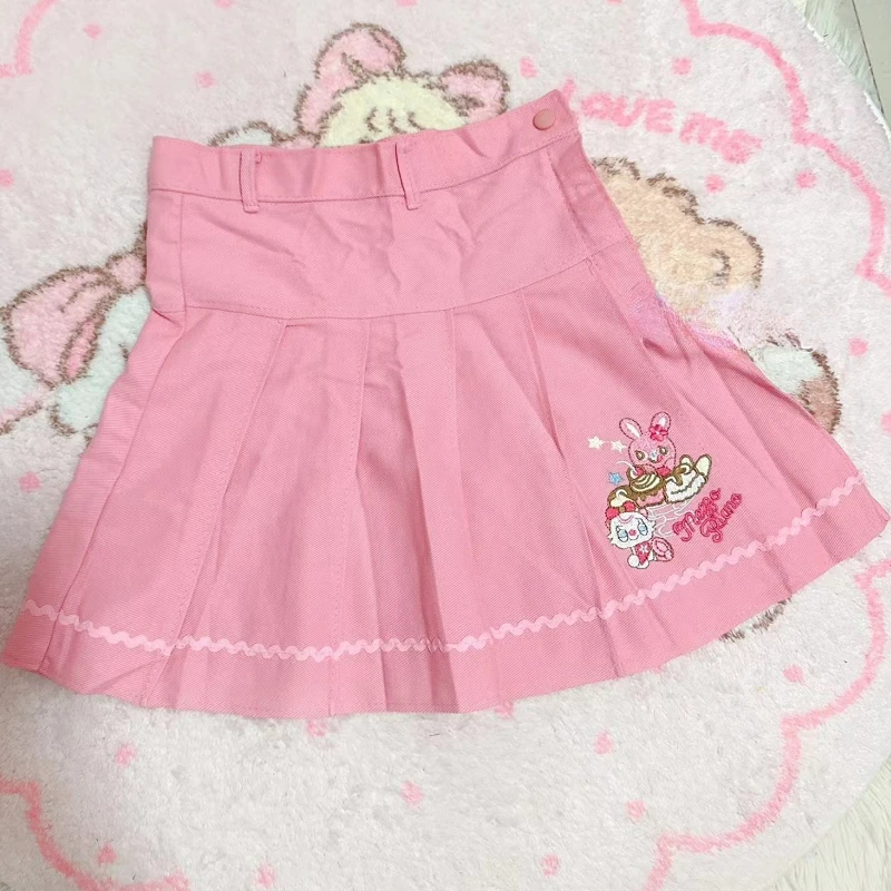 Pink Sweet Japanese Lolita Style Pleated Skirt Women Korean Kawaii Cartoon Embroidery Short Skirts Female Cute Cake Mini Skirts