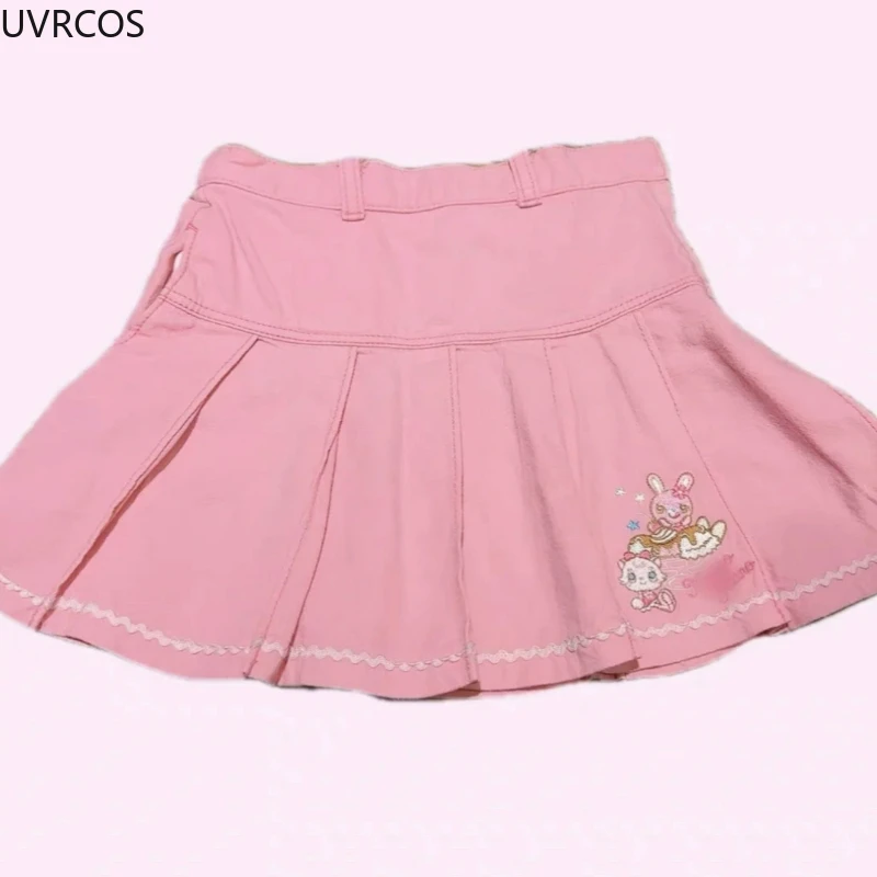 Pink Sweet Japanese Lolita Style Pleated Skirt Women Korean Kawaii Cartoon Embroidery Short Skirts Female Cute Cake Mini Skirts