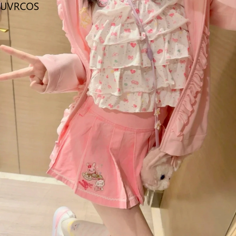 Pink Sweet Japanese Lolita Style Pleated Skirt Women Korean Kawaii Cartoon Embroidery Short Skirts Female Cute Cake Mini Skirts