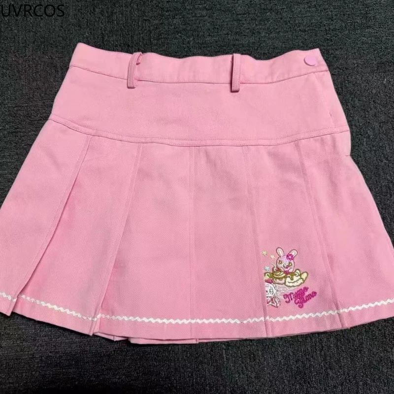 Pink Sweet Japanese Lolita Style Pleated Skirt Women Korean Kawaii Cartoon Embroidery Short Skirts Female Cute Cake Mini Skirts