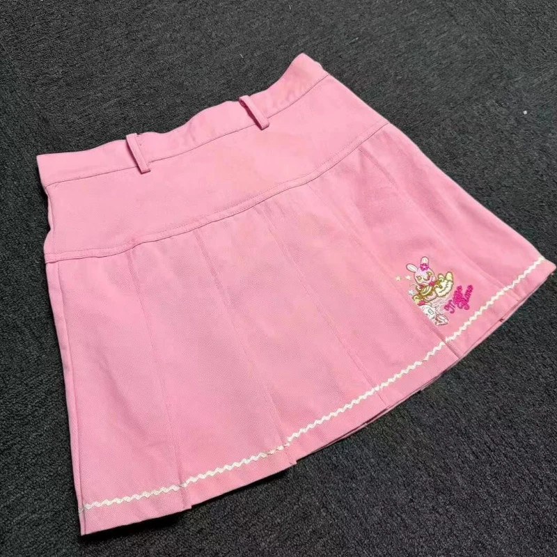 Pink Sweet Japanese Lolita Style Pleated Skirt Women Korean Kawaii Cartoon Embroidery Short Skirts Female Cute Cake Mini Skirts