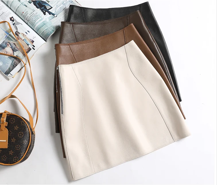 Genuine Leather Sexy Mini Skirt Women 2025 Spring South Korean Fashion High Waist A-line Skirt High street