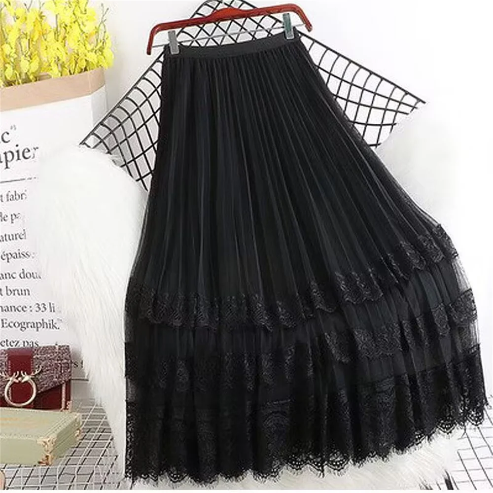2026 Korean Spring Autumn New Female 6 Colors 3 Layers Fashion Lace Hollow Long Skirts Lining Mesh Lace Dance Skirt Clothes