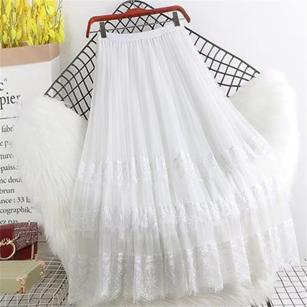 2026 Korean Spring Autumn New Female 6 Colors 3 Layers Fashion Lace Hollow Long Skirts Lining Mesh Lace Dance Skirt Clothes