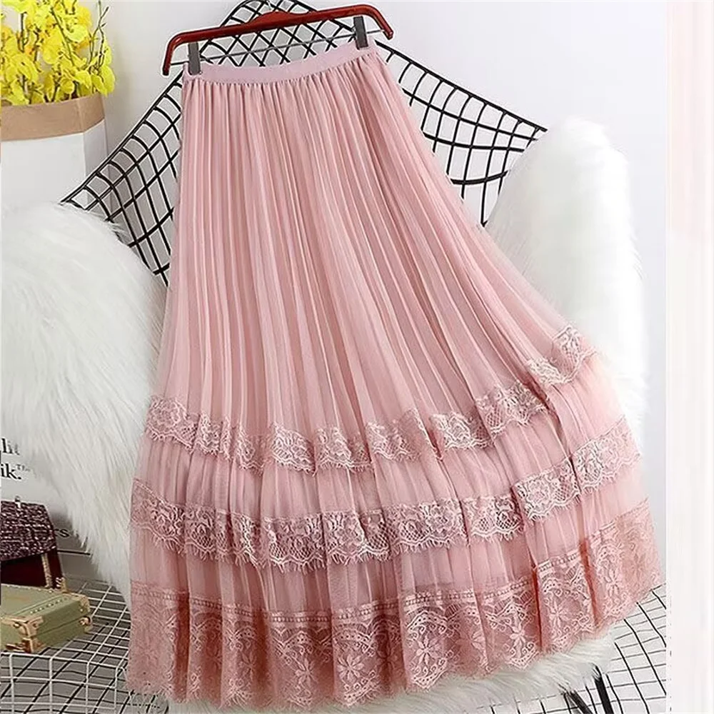2026 Korean Spring Autumn New Female 6 Colors 3 Layers Fashion Lace Hollow Long Skirts Lining Mesh Lace Dance Skirt Clothes
