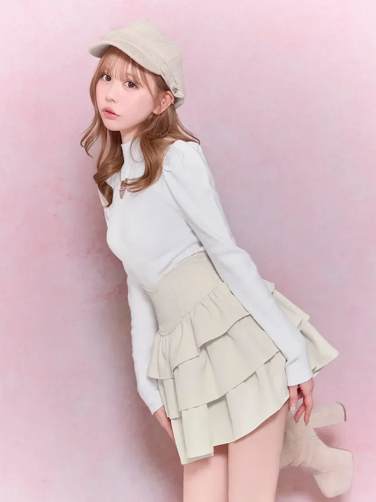 Japanese Style New Spring Summer Ladies Sweet Cake Skirt Solid Color Women's High Waist Slim Elegant Short Culotte Mini Skirts
