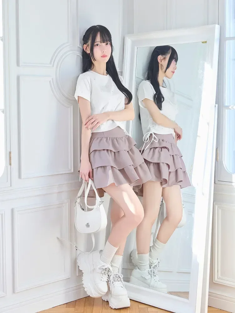 Japanese Style New Spring Summer Ladies Sweet Cake Skirt Solid Color Women's High Waist Slim Elegant Short Culotte Mini Skirts
